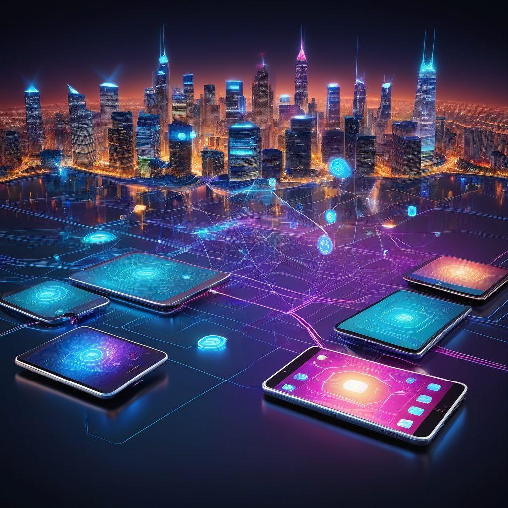 An interconnected web of devices including smartphones, tablets, and computers, with glowing lines symbolizing data transfer, surrounded by icons representing various web and mobile applications. In the background, a futuristic cityscape illustrating the digital landscape. super-realistic. vibrant colors. futuristic style.