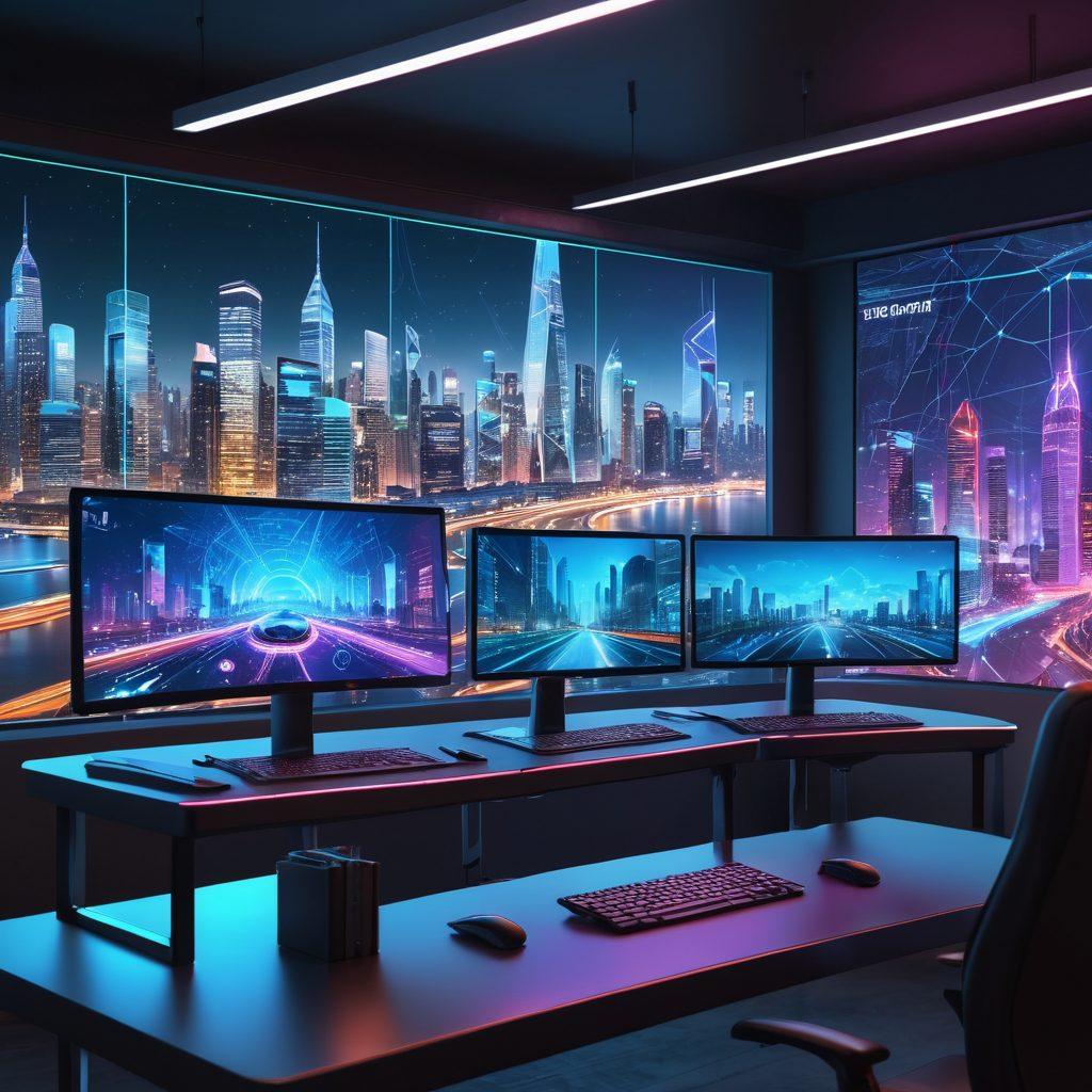 A futuristic workspace where developers code on interconnected mobile devices and desktop monitors; holographic interfaces project seamless apps linking web and mobile, all framed by sleek, modern design elements. The background features cityscapes showcasing the digital world's evolution. super-realistic. vibrant colors.