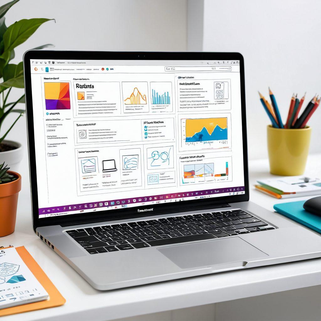 A sleek laptop showcasing a dynamic website layout transforming seamlessly between desktop, tablet, and mobile views. The background highlights a vibrant digital workspace with tools and sketches of UI designs scattered around. Emphasize the adaptability and user-centric focus with clear, intuitive interface elements. Clean, modern aesthetic with pops of color to draw attention. super-realistic. vibrant colors. white background.